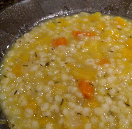 Winter vegetables and barley soup