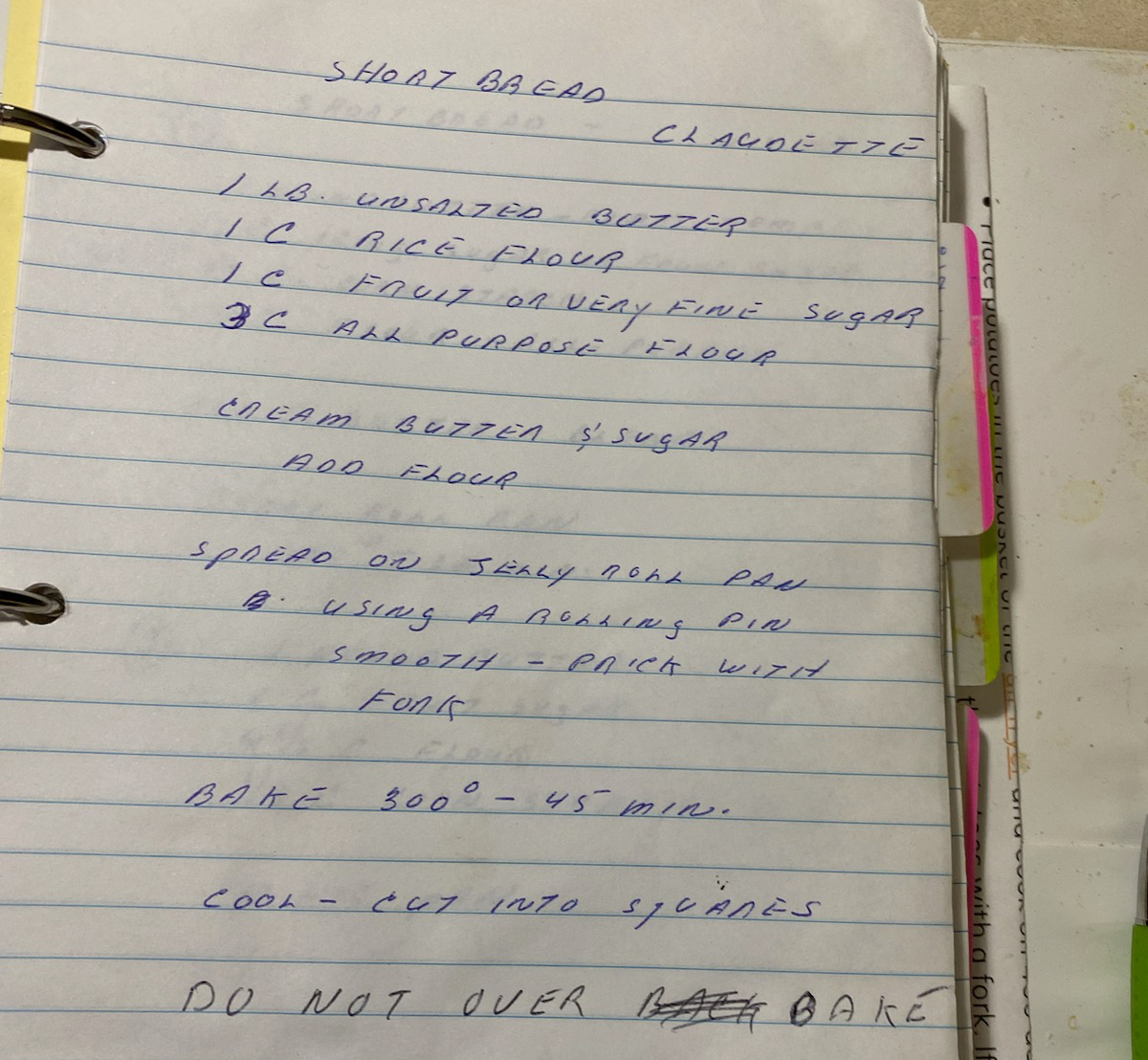 hand written shortbread recipe