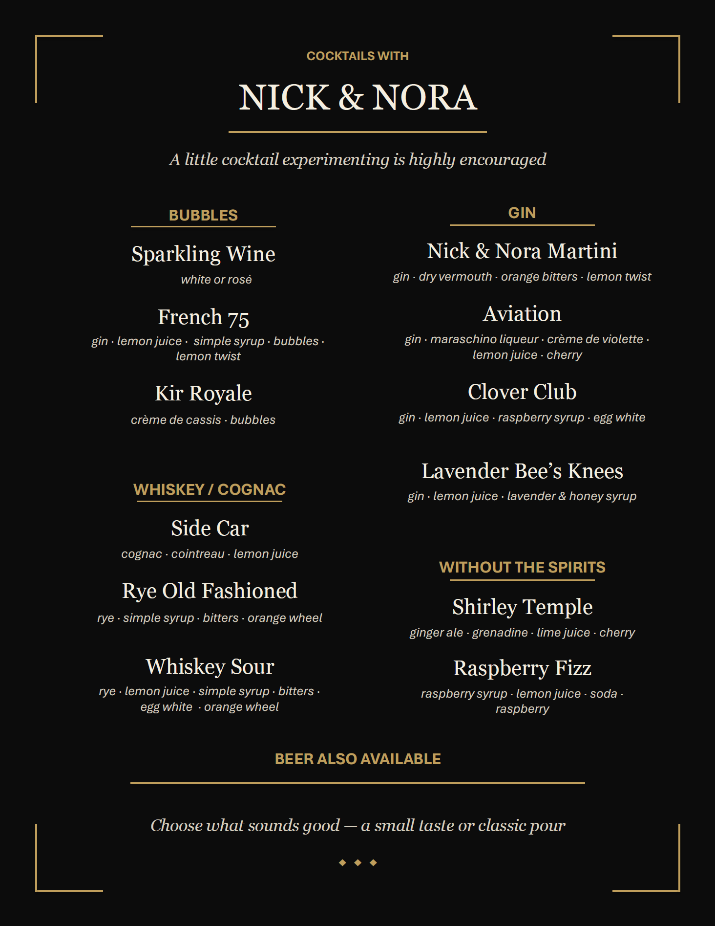 Cocktail menu based on The Thin Man movie